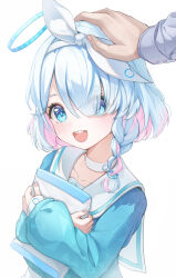1boy 1girl absurdres arona_(blue_archive) blue_archive blue_eyes blue_hair blue_halo blue_pupils blue_serafuku bow_hairband braid choker colored_inner_hair commentary envelope eyes_visible_through_hair fingernails hair_over_one_eye hairband halo headpat highres light_blue_hair light_blush long_sleeves looking_at_viewer manila_envelope multicolored_hair hugging_object open_mouth pink_hair prana_(prana12) sailor_collar school_uniform sensei_(blue_archive) serafuku short_hair simple_background single_braid smile solo_focus teeth upper_body upper_teeth_only white_background white_choker white_hairband white_sailor_collar