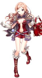 1girl bag belt blonde_hair boots breasts brown_dress caduceus cape clenched_teeth creator_(ragnarok_online) crystal_earrings dress earrings full_body fur-trimmed_boots fur_trim gloves hair_ornament holding holding_bag jewelry large_variant_set long_hair looking_at_viewer medium_breasts nardack navel official_art one_eye_closed pink_eyes plunging_neckline purple_belt purple_cape ragnarok:_guild_masters ragnarok_online red_bag red_boots red_dress short_dress simple_background solo staff standing standing_on_one_leg strapless strapless_dress sweatdrop swept_bangs teeth transparent_background variant_set vial wavy_hair white_gloves x_hair_ornament