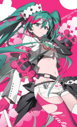 1girl absurdres airseal asymmetrical_sleeves closed_mouth commentary_request cowboy_shot elbow_gloves gloves green_eyes green_hair hair_between_eyes hatsune_miku highres long_hair looking_at_viewer navel pink_background racing_miku racing_miku_(2025) shorts solo stuffed_animal stuffed_toy twintails very_long_hair vocaloid white_shorts
