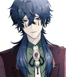 Rule 34 | 1boy, blazer, blue hair, blue lips, bolo tie, closed mouth, clown, commentary request, crossed bangs, green shirt, hair between eyes, jacket, ju (mahjong soul), long bangs, long hair, looking at viewer, mahjong soul, male focus, necktie, red jacket, shirt, simple background, smile, solo, teardrop facial mark, tetra c xxx, upper body, white background, white necktie