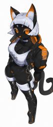 Rule 34 | 1girl, absurdres, android, animal ear fluff, black bodysuit, black skin, blunt bangs, bob cut, bodysuit, boots, breasts, cat girl, cleavage, collar, colored skin, covered navel, echanis enicha, highres, jacket, medium breasts, original, short eyebrows, short hair, standing, thick eyebrows, thigh boots, white background, yellow eyes