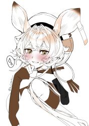 1girl animal_ears arknights bare_shoulders blonde_hair blush commentary_request crossed_bangs dorothy_(arknights) embarrassed hair_intakes hand_on_own_chin hat highres long_hair looking_at_viewer mirin_chikuwa partially_colored simple_background sleeves_past_wrists solo spoken_sweatdrop sweatdrop upper_body white_background yellow_eyes