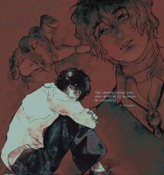 1boy arms_on_knees bandaged_leg bandaged_neck bandages black_eyes black_hair blood blood_on_clothes blood_stain bright_pupils brooch brown_eyes bungou_stray_dogs collared_shirt dazai_osamu_(bungou_stray_dogs) double-parted_bangs full_body hair_between_eyes hair_ornament hand_on_own_arm highres hugging_own_legs jewelry knees_up looking_at_viewer male_focus multiple_views on_ground one_eye_covered open_mouth reaching reaching_towards_another shirt solo sonaireeart white_pupils