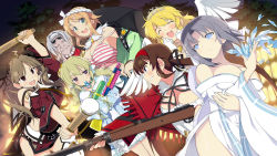 6+girls :3 :d ahoge angel_wings bare_shoulders black_ribbon blonde_hair blue_dress blue_eyes blush bow breasts brown_eyes brown_hair bun_cover cleavage clenched_teeth crown detached_collar detached_sleeves double_bun dress drumsticks dual_wielding earrings eyewear_on_head fighting_stance flat_chest frilled_dress frills furisode furrowed_brow glasses green_eyes grey_hair gun hachimaki hair_between_eyes hair_bun hair_ornament hairband hairclip hanabi_(senran_kagura) headband heterochromia highres holding ice japanese_clothes jewelry kafuru_(senran_kagura) kimono large_breasts long_hair low_twintails medium_breasts medium_hair mini_crown multiple_girls necklace night official_art open_mouth orange_hair pearl_necklace purple_eyes renka_(senran_kagura) ribbon rifle ryoubi_(senran_kagura) ryouna_(senran_kagura) sayuri_(senran_kagura) senran_kagura shirt short_hair skirt smile striped tank_top teeth thighhighs tiara tree twintails water_gun weapon whistle white_bow white_shirt wings wrinkled_skin yaegashi_nan yumi_(senran_kagura)