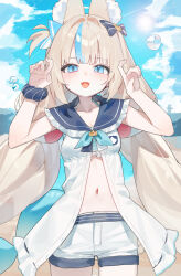 Rule 34 | 1girl, absurdres, animal ear fluff, animal ears, beach, blue eyes, blue hair, blue sailor collar, breasts, cat ears, collarbone, commentary, cowboy shot, day, fangs, fins, fish girl, fish tail, highres, huu (dighapdlxm12), indie virtual youtuber, long hair, looking at viewer, low twintails, navel, one side up, open mouth, outdoors, sailor collar, sameko saba, short shorts, shorts, small breasts, solo, tail, twintails, white shorts
