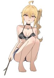 1girl bikini blonde_hair breasts highres long_hair luciana_de_montefio open_mouth shirokami_da side_ponytail simple_background small_breasts solo squatting swimsuit zenless_zone_zero