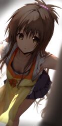 1girl apron armpits bent_over blue_dress breasts brown_eyes brown_hair cleavage collarbone commentary downblouse dress eee_mii feet_out_of_frame frilled_apron frills hair_tie highres long_hair looking_at_viewer official_alternate_costume parted_lips sleeveless sleeveless_dress solo standing to_love-ru to_love-ru_darkness topknot white_apron yellow_apron yellow_eyes yuuki_mikan