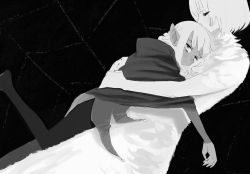 1boy 1girl bags_under_eyes bob_cut braid braided_ponytail capelet chimera closed_eyes coin_(ornament) comforting dark-skinned_male dark_skin dungeon_meshi elf eyelashes falin_touden falin_touden_(chimera) feet_out_of_frame foot_up frills frs2 greyscale head_on_chest hood hood_down hooded_capelet hug jester long_sleeves looking_at_viewer lying lying_on_person monochrome monster_girl nude on_back on_stomach outstretched_arm pants pointy_ears profile sidelocks silk single_braid spider_web spoilers stuck tears thistle_(dungeon_meshi) tunic