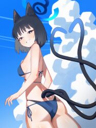 1girl absurdres animal_ear_fluff animal_ears ass bikini black_eyes black_hair blue_archive blue_bikini blue_halo blue_sky breasts bright_pupils cat_ears cat_girl cat_tail cowboy_shot day from_behind grin halo highres holypotato0 kikyou_(blue_archive) kikyou_(swimsuit)_(blue_archive) looking_at_viewer looking_back medium_breasts multiple_tails short_hair side-tie_bikini_bottom sky smile solo swimsuit tail two_tails white_pupils
