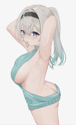 1girl absurdres alternate_costume alternate_hairstyle aot_kwc armpits arms_up ass black_hairband blush breasts closed_mouth firefly_(honkai:_star_rail) grey_hair hair_between_eyes hair_intakes hair_ornament hair_tie_in_mouth hairband highres honkai:_star_rail honkai_(series) large_breasts long_hair looking_at_viewer meme_attire mouth_hold pink_eyes ponytail solo virgin_killer_sweater