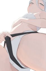 1girl bra breasts closed_mouth commentary from_below highres hiroki_(yyqw7151) original panties simple_background small_breasts solo underwear white_background white_bra white_eyes white_hair white_panties