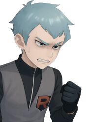 1boy angry archer_(pokemon) black_gloves black_shirt clenched_hand clenched_teeth commentary_request furrowed_brow gloves grey_vest highres logo long_sleeves male_focus nakikot_t nintendo pokemon pokemon_lgpe shirt short_hair solo sweat team_rocket team_rocket_uniform teeth upper_body vest white_background