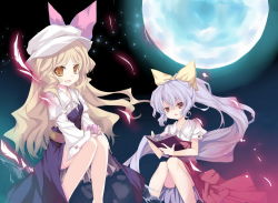 2girls blonde_hair book bow earth_(planet) female_focus hat moon multiple_girls purple_hair red_eyes saru sitting touhou watatsuki_no_toyohime watatsuki_no_yorihime yellow_eyes