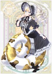 1girl blue_eyes bonnet frills gothic_lolita highres lamia lolita_fashion mito_amatsu monster_girl multicolored_hair original ribbon snake two-tone_hair