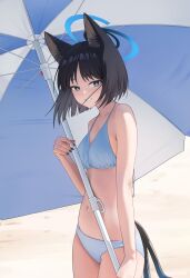 Rule 34 | 1girl, absurdres, alternate costume, animal ear fluff, animal ears, bare arms, bare shoulders, beach umbrella, bikini, black eyes, black hair, black nails, blue archive, blue bikini, blue umbrella, blush, cat ears, cat girl, cat tail, grin, highres, holding, holding umbrella, kikyou (blue archive), looking at viewer, multiple tails, navel, parted bangs, short hair, smile, solo, stomach, swimsuit, tail, two tails, umbrella, yeming (yeming0529)