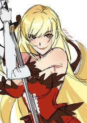 1girl absurdres artist_name bare_shoulders blonde_hair breasts cleavage dress elbow_gloves feather-trimmed_dress feather-trimmed_gloves feather_trim frilled_dress frills gloves hair_ribbon highres kiss-shot_acerola-orion_heart-under-blade kizumonogatari kokorowatari large_breasts long_hair looking_at_viewer monogatari_(series) naoneesama oshino_shinobu pointy_ears red_dress ribbon simple_background sketch smile solo strapless strapless_dress vampire very_long_hair white_background white_gloves yellow_eyes