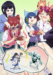 1boy 5girls @_@ absurdres alternate_costume animal_ears black_eyes black_hair blue_hair cat_ears duel_monster evil_twin_ki-sikil evil_twin_lil-la ha-re_the_sword_mikanko highres holding holding_phone ki-sikil_(yu-gi-oh!) lil-la_(yu-gi-oh!) mouse_ears multiple_girls ni-ni_the_mirror_mikanko on_chair paw_pose phone playing_games red_hair sawan_cutman shinonome_the_vaylantz_priestess sitting sitting_on_lap sitting_on_person vaylantz_buster_baron yu-gi-oh!