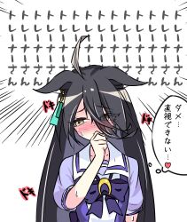 132109chisato 1girl absurdres ahoge averting_eyes black_hair bow bowtie clenched_hand covering_own_mouth ear_tag earrings ears_down embarrassed eyes_visible_through_hair grey_hair hair_between_eyes hand_up heart highres jewelry long_bangs long_hair long_hair_between_eyes manhattan_cafe_(umamusume) multicolored_hair nervous_sweating puffy_short_sleeves puffy_sleeves purple_bow purple_bowtie purple_shirt sailor_collar school_uniform shirt short_sleeves single_earring solo speech_bubble spoken_heart sweat sweatdrop thought_bubble tracen_school_uniform translation_request umamusume very_long_hair white_sailor_collar yellow_eyes