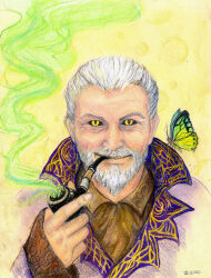 1boy anastasia-n beard black_sclera bubble bug butterfly colored_pencil_(medium) colored_sclera facial_hair holding holding_smoking_pipe insect jacket looking_at_viewer old old_man portrait purple_jacket sheogorath shirt slit_pupils smile smoking smoking_pipe the_elder_scrolls the_elder_scrolls_iv:_oblivion traditional_media white_hair yellow_background yellow_eyes yellow_shirt