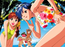 1990s_(style) 2girls 4boys asuka_(viper) blue_eyes blue_hair bracelet brown_hair floral_print jewelry katsura_ken&#039;ichirou long_hair miki_(viper) multiple_boys multiple_girls necklace ocean one-piece_swimsuit open_mouth palm_tree pearl_necklace retro_artstyle short_hair sunglasses sunglasses_on_head swimsuit tree viper_(series) viper_ctr