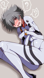1boy ? ayanami_rei ayanami_rei_(cosplay) blush bodysuit brown_eyes commentary_request cosplay covering_chest covering_privates crossdressing embarrassed feet_out_of_frame fetal_position fujitaka_nasu grey_background grey_hair highres interface_headset_(evangelion) lying mecha_pilot_suit nagisa_kaworu neon_genesis_evangelion nose_blush on_side plugsuit_(evangelion) solo spoken_question_mark white_bodysuit