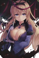 Rule 34 | 1girl, black ribbon, blonde hair, breasts, cleavage, dress, female focus, fur trim, gap (touhou), gloves, hair between eyes, hair ribbon, hairband, highres, jewelry, juliet sleeves, koumajou densetsu, koumajou densetsu 2, large breasts, long hair, long sleeves, looking at viewer, motokonut, parasol, pendant, puffy sleeves, purple dress, purple eyes, ribbon, solo, touhou, umbrella, upper body, white background, white gloves, wide sleeves, wing collar, yakumo yukari