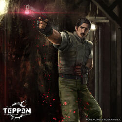 1boy black_hair bleeding blood bulletproof_vest capcom cave enrico_marini facial_hair fingerless_gloves gloves gun handgun injury mustache official_art osanai_yusuke pistol police police_uniform resident_evil shirt sideburns silk spider_web teppen tunnel watch weapon white_shirt wristwatch
