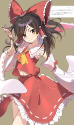 1girl absurdres ahoge ascot between_fingers bow brown_eyes brown_hair chest_sarashi closed_mouth collarbone collared_shirt commentary_request cowboy_shot detached_sleeves frilled_bow frilled_hair_tubes frilled_shirt_collar frilled_skirt frills green_background hair_bow hair_over_one_eye hair_tubes hakurei_reimu highres holding holding_ofuda long_hair long_sleeves looking_to_the_side midriff navel nontraditional_miko odaibako ofuda ofuda_between_fingers outstretched_arm ponshu_(ponshuislife) red_bow red_shirt red_skirt request_inset sarashi shirt sidelocks simple_background skirt skirt_set sleeve_bow sleeveless sleeveless_shirt smile solo split_mouth standing touhou translation_request white_sleeves wide_sleeves wind yellow_ascot