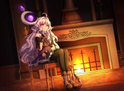 1girl absurdres ahoge boots fireplace grey_hair highres holding holding_staff indoors mabinogi pantyhose rowan_(mabinogi) sitting staff user_zwhf5388 yellow_eyes