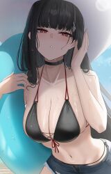 1girl alternate_costume bare_shoulders bikini black_bikini black_choker black_hair blue_archive blue_innertube blush breasts bright_pupils choker cleavage denim denim_shorts hair_ornament hairclip halo hat highres holding holding_swim_ring innertube large_breasts long_hair looking_at_viewer navel red_eyes rio_(blue_archive) shorts solo stomach sun_hat swim_ring swimsuit very_long_hair wet white_pupils yamikyon