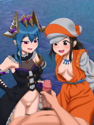 1boy 2girls arc_the_lad black_dress black_hair blue_hair blush breasts breasts_out censored dress gloves hat hetero looking_at_penis male_masturbation male_pubic_hair masturbation mosaic_censoring multiple_girls nipples no_panties nonohito open_clothes open_mouth penis pov pov_crotch pov_hands precum pubic_hair pussy small_breasts smile standing