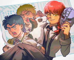 Rule 34 | 1girl, 2boys, black necktie, black pants, blonde hair, blue eyes, blue hair, chainsaw man, commentary request, constricted pupils, crossed legs, crossover, danny (jojo), dio brando, dog, great dane, hand up, highres, holding, holding mask, jojo no kimyou na bouken, jonathan joestar, licking, licking another&#039;s face, long hair, long sleeves, looking at viewer, makima (chainsaw man), mask, multiple boys, necktie, one eye closed, open mouth, pants, parted lips, phantom blood, pointing, pointing at another, red hair, shirt, short hair, sleeves rolled up, smile, stone mask (jojo), sweat, uu0000322, white shirt, wing collar, yellow eyes