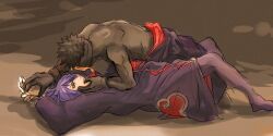 1boy 1girl akatsuki_(naruto) akatsuki_uniform arms_up black_hair hand_grab hand_on_another&#039;s_face harakara12 hetero konan_(naruto) looking_at_another lying naruto_(series) naruto_shippuuden on_back purple_hair short_hair tobi_(naruto) uchiha_obito