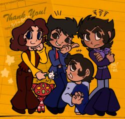 Rule 34 | +++, 4boys, absurdres, alternate costume, art o bart o, artist name, ascot, bell-bottoms, blue eyes, blue jacket, blue shirt, brown eyes, brown hair, brown pants, brown vest, casual, cat, chibi, crossed arms, duke fleed, eyelashes, flower, frown, full body, getter-1, getter robo, grin, hand up, highres, holding, holding flower, index finger raised, jacket, kabuto kouji, light blush, long sideburns, long sleeves, looking at another, looking up, male focus, mazinger (series), mazinger z, multiple boys, nagare ryoma, non-humanoid robot, notice lines, on ground, open clothes, open vest, pants, profile, purple ascot, purple shirt, raglan sleeves, red shirt, red undershirt, robot, robot cat, shirt, short hair, sideburns, sideways glance, sitting, smile, squiggle, thank you, thick eyebrows, tsurugi tetsuya, two-tone shirt, ufo robo grendizer, vest, white flower, yellow background, yellow shirt