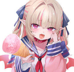 1girl absurdres animal_collar aqua_nails bat_wings belt_collar buckle collar commentary_request fang food hair_intakes hair_ribbon highres holding holding_food incoming_food light_brown_hair long_sleeves looking_at_viewer makaino_ririmu makaino_ririmu_(4th_costume) medium_hair multicolored_hair nail_polish neckerchief nijisanji official_alternate_costume open_mouth pink_eyes pink_hair pointy_ears red_neckerchief ribbon school_uniform serafuku simple_background skin_fang solo streaked_hair sweatdrop tears two-tone_hair upper_body utsusumi_kio virtual_youtuber waffle white_background wings