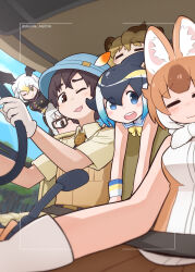 1boy 5girls animal_ears bald_eagle_(kemono_friends) bare_shoulders bird_girl bird_wings black_hair blonde_hair blowhole blue_eyes blue_hair blush bow breasts brown_hair bucket_hat bus_interior captain_(kemono_friends) common_dolphin_(kemono_friends) da_(bobafett) dhole_(kemono_friends) dog_ears dog_girl dolphin_girl dorsal_fin dress extra_ears fins glasses gloves grey_hair hair_between_eyes hat head_wings highres jacket japari_bus kemono_friends kemono_friends_3 lion_(kemono_friends) long_hair long_sleeves looking_at_viewer medium_breasts meerkat_(kemono_friends) meerkat_ears multicolored_hair multiple_girls official_art one_eye_closed open_mouth sailor_collar shirt short_hair skirt sleeveless smile sweater two-tone_hair two-tone_sweater white_hair wings yellow_eyes
