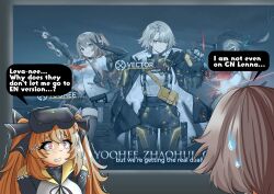 2girls absurdres character_name commentary crying crying_with_eyes_open english_commentary english_text girls&#039;_frontline girls&#039;_frontline_2:_exilium highres idw_shikikan k2_(girls&#039;_frontline) lenna_(girls&#039;_frontline_2) leva_(girls&#039;_frontline_2) multiple_girls screenshot_inset siblings sisters speech_bubble subtitled tactical_clothes tears ump45_(girls&#039;_frontline) ump9_(girls&#039;_frontline) vector_(girls&#039;_frontline) vector_(girls&#039;_frontline_2) yoohee_(girls&#039;_frontline_2) zhaohui_(girls&#039;_frontline_2)