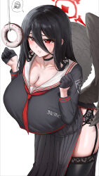 1girl absurdres black_choker black_garter_belt black_gloves black_hair black_sailor_collar black_shirt black_skirt black_thighhighs black_wings blue_archive blush breasts choker cleavage collarbone commentary_request donut drooling erorange feathered_wings food garter_belt gloves hair_between_eyes half_gloves halo hands_up hasumi_(blue_archive) highres huge_breasts long_hair_between_eyes long_sleeves looking_at_viewer low_wings mole mole_under_eye mouth_drool neckerchief red_eyes red_halo red_neckerchief sailor_collar shirt side_slit simple_background skirt solo spoken_squiggle squiggle sweat thighhighs thighs white_background wings