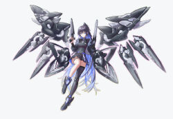 Rule 34 | 1girl, absurdres, black dress, black hair, black thighhighs, blue eyes, blue hair, breasts, colored inner hair, dress, dual wielding, full body, gun, handgun, highres, holding, holding gun, holding weapon, jacket, jewelry, kamitsubaki studio, koko (kamitsubaki studio), long hair, looking at viewer, mecha musume, mechanical wings, multicolored hair, ponytail, science fiction, single thighhigh, solo, thighhighs, very long hair, virtual youtuber, weapon, white background, wings, xsk (ruanmumu)