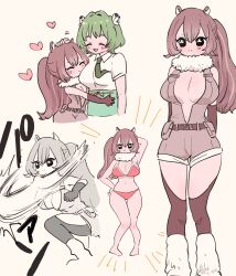 2girls ^_^ animal_ears arm_behind_head arm_up arms_behind_back bad_tag belt belt_pouch bikini black_eyes breasts brown_hair bug butterfly butterfly_on_head closed_eyes commentary fur_collar green_hair hand_on_own_hip headpat heart highres hug insect kimi_no_koto_ga_dai_dai_dai_dai_daisuki_na_100-nin_no_kanojo kuchiha_chiru3 large_breasts long_hair multiple_girls multiple_views necktie necktie_in_pocket personification plunging_neckline ponytail pouch red_bikini short_hair simple_background slapping squirrel_ears squirrel_girl squirrel_tail swimsuit tail white_background yasashiki_yamame