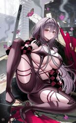 1girl :o absurdres blush bodysuit breasts brown_eyes bug building butterfly chain checkered_clothes cleavage clothing_cutout commentary crack cracked_floor finger_cots goddess_of_victory:_nikke grey_hair hair_between_eyes hair_intakes high_heels highres insect large_breasts latex latex_bodysuit leg_up long_hair long_sleeves looking_at_viewer lying official_alternate_costume on_ground outdoors purple_butterfly ruins scarlet_(nikke) scarlet_(racer&#039;s_high)_(nikke) shrug_(clothing) solo spread_legs strap sword tansuan_(ensj3875) very_long_hair weapon