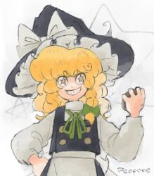 +_+ 1girl apron blonde_hair bow bowtie braid dress frills hat holding kirisame_marisa lowres pepponeppo simple_background smile solo touhou white_background witch_hat yellow_eyes