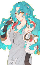 Rule 34 | 1girl, :d, bare shoulders, blue hair, breasts, cleavage, dress, green eyes, grey dress, hand up, highres, hissabeth, jacket, long hair, off shoulder, open mouth, red pupils, reverse:1999, smile, snake, snake on head, solo, spaghetti strap, tabin, upper body, white background, white jacket