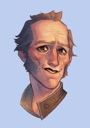 1boy absurdres blue_background brown_eyes emiel_regis facial_hair grey_hair highres kromanjoma mutton_chops portrait short_hair simple_background solo the_witcher_(series) the_witcher_3