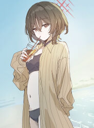 1girl absurdres bandeau beach bikini bikini_under_clothes black_bandeau black_bikini black_choker blue_archive blue_sky breasts brown_eyes brown_hair choker cloud cowboy_shot day drink drinking_straw drinking_straw_in_mouth halo highres holding holding_drink looking_at_viewer misaki_(blue_archive) misaki_(swimsuit)_(blue_archive) navel ocean official_alternate_costume open_clothes open_shirt outdoors pinstripe_pattern pinstripe_shirt red_halo shirt short_hair sky solo striped_clothes striped_shirt swimsuit swimsuit_under_clothes tachibana_(tachibanablac) vertical-striped_clothes vertical-striped_shirt