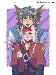 2boys aged_down aqua_tunic black_shirt blue_gemstone border chin_rest commentary_request double_v dragon_quest dragon_quest_iv dragon_quest_monsters_3 earrings fins gem gold_headdress green_gemstone green_hair head_fins head_on_head head_rest headband hero_(dq4) highres jacket jewelry long_hair looking_up male_focus medium_hair multiple_boys necklace official_alternate_design open_mouth pisaro pointy_ears red_eyes red_headband red_jacket sazanka_(user_ctwm2753) shirt sketch slime_(dragon_quest) smile sweatdrop translated tunic upper_body v white_border white_hair white_shirt