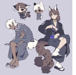 2boys bell black_collar black_eyes brown_hair chibi collar dark-skinned_male dark_skin emiya_kiritsugu emiya_kiritsugu_(assassin) fate/grand_order fate_(series) grey_kimono grigori_rasputin_(fate) highres holding hyena_boy hyena_ears hyena_tail japanese_clothes kemonomimi_mode kimono kotomine_kirei male_focus medium_hair monster_771 multiple_boys multiple_tails neck_bell pink_lips sandals sitting smile socks sweatdrop tail white_hair white_socks
