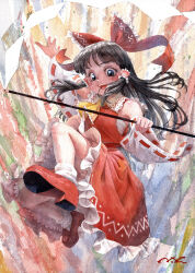 1girl bare_shoulders black_eyes black_hair blush bow commentary_request detached_sleeves floating_hair frilled_skirt frills full_body gohei hair_bow hair_tubes hakurei_reimu highres japanese_clothes jumping kicking long_hair looking_at_viewer miko misawa_hiroshi open_mouth painting_(medium) petticoat red_bow skirt smile solo touhou traditional_media watercolor_(medium)