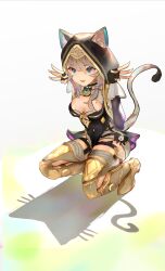 1girl :d animal_ear_fluff animal_hood applelin armored_boots black_gloves black_hoodie black_leotard blue_eyes boots breasts cat_girl cat_hood cat_shadow_puppet_(meme) cat_tail cipher_(honkai:_star_rail) cleavage fingerless_gloves full_body gloves gold_boots hair_between_eyes highres honkai:_star_rail honkai_(series) hood hood_up hoodie leotard medium_breasts meme mole mole_on_breast nail_polish open_mouth smile solo squatting tail thigh_boots white_background yellow_nails