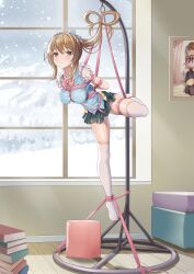 1girl absurdres arms_behind_back bdsm blue_bow bondage bound bound_ankles bound_torso bow breasts brown_eyes brown_hair crotch_rope female_focus freshylulu_m green_skirt hanging highres long_hair looking_at_viewer medium_breasts no_shoes original pink_bow pink_rope ponytail restrained rope shibari skindentation skirt solo spread_legs suspension thighhighs thighs white_thighhighs